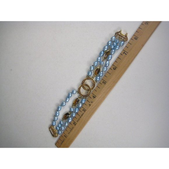 Faux Pearl Multi Strand Beaded Bracelet Goldtone Faceted Rhinestones Jewelry 7 i - Picture 3 of 9